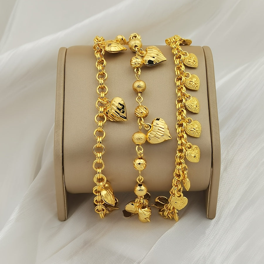 3pcs Luxurious Golden-Toned Heart Pendant Bracelet Set for Women - Boho Chic Style, Ideal for Weddings, Birthdays, Parties, Valentine's & Ramadan Gifts, Jewelry Set
